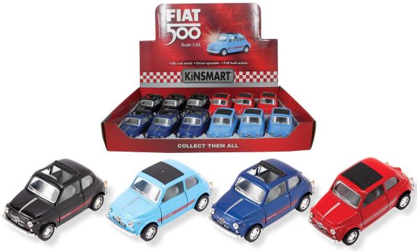 KINSMART – FIAT 500 – Modellino cm12 c/porte apribili – c/pull-back and go In espo da 12pz (42x28cm) 4ass…x12…x48